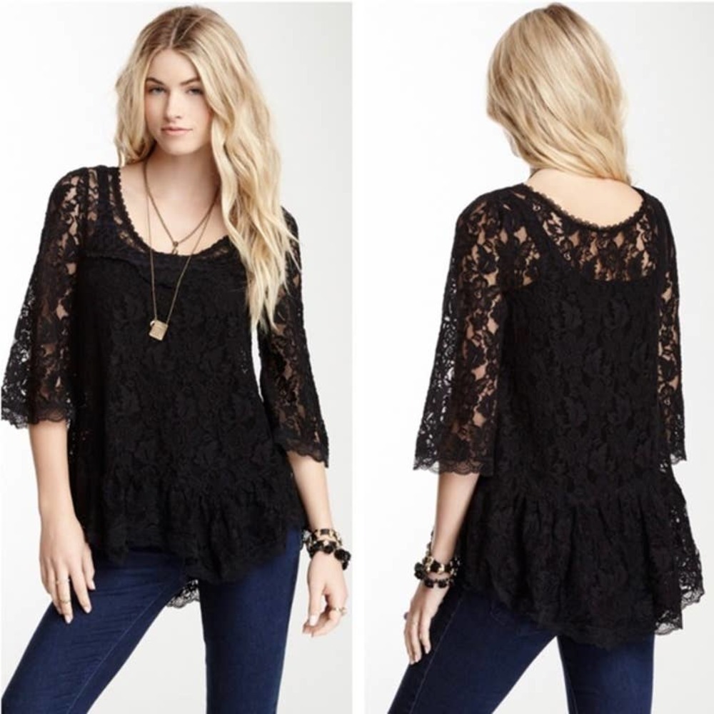 Free People Black Scallop Lace Floral Peplum Top
